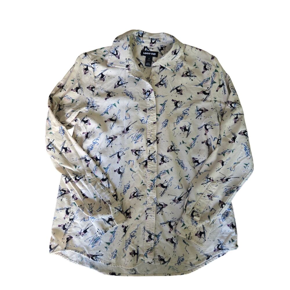 Lands End White Canvas Skiers Flannel Boyfriend Shirt S